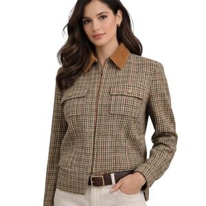 Lauren Ralph Lauren Womens Jacket 90s Wool Plaid Suede Collar Full Zip Logo Med